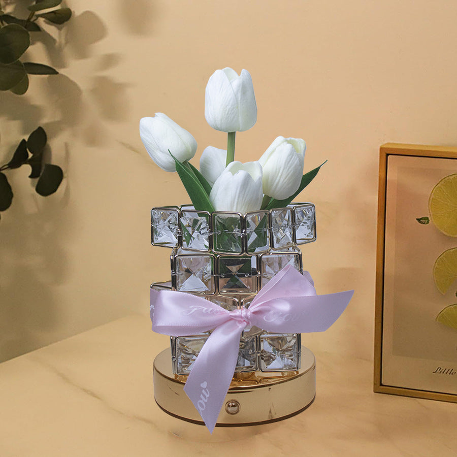 Yellow Elegant Crystal Tulip LED Night Light - Rechargeable Touch Lamp with 3 Colors & Dimming