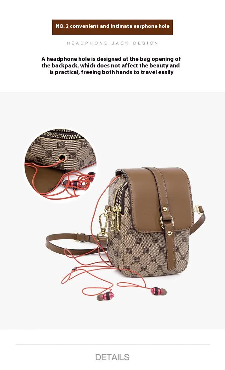 Brown Chic Checkered Mini Crossbody Phone Purse - PU Leather Vertical Shoulder Bag with Headphone Port