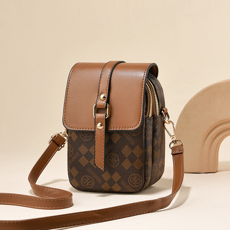 Brown and Black Chic Diamond Mini Crossbody Phone Purse - PU Leather Vertical Shoulder Bag with Headphone Port