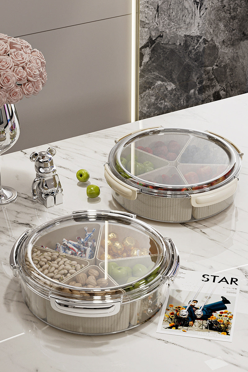 Beige And Silver Snap Button Elegant Compartment Serving Tray with Lid - Versatile Snack, Fruit & Candy Box