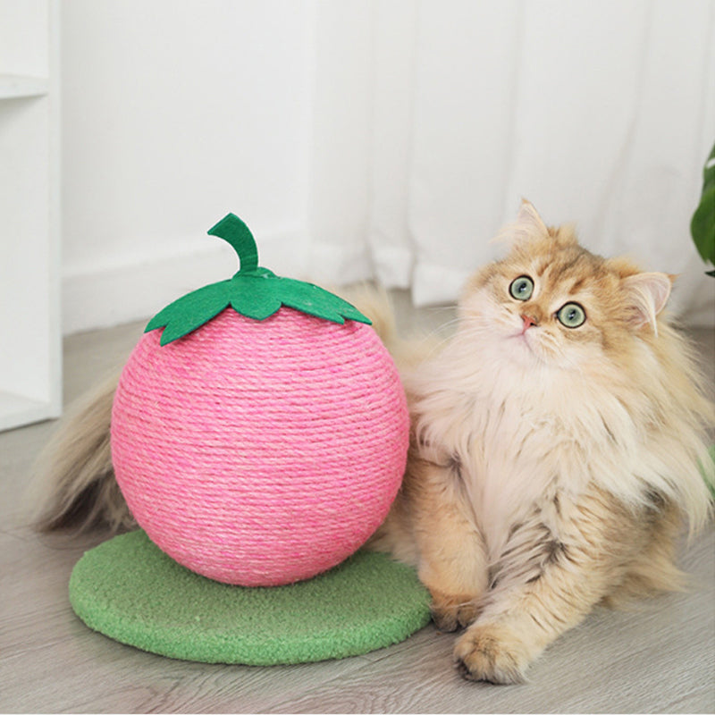 Pink Strawberry And Green Base Fun Fruit Shaped Sisal Cat Scratcher Ball - Durable Scratching Toy with Stable Base
