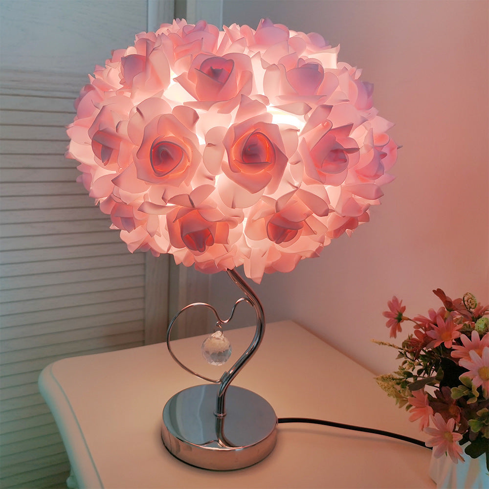 Pink,Yellow Roses And Silver Base Romantic Red Rose Flower Table Lamp - Crystal Heart Accent Bedside Night Light