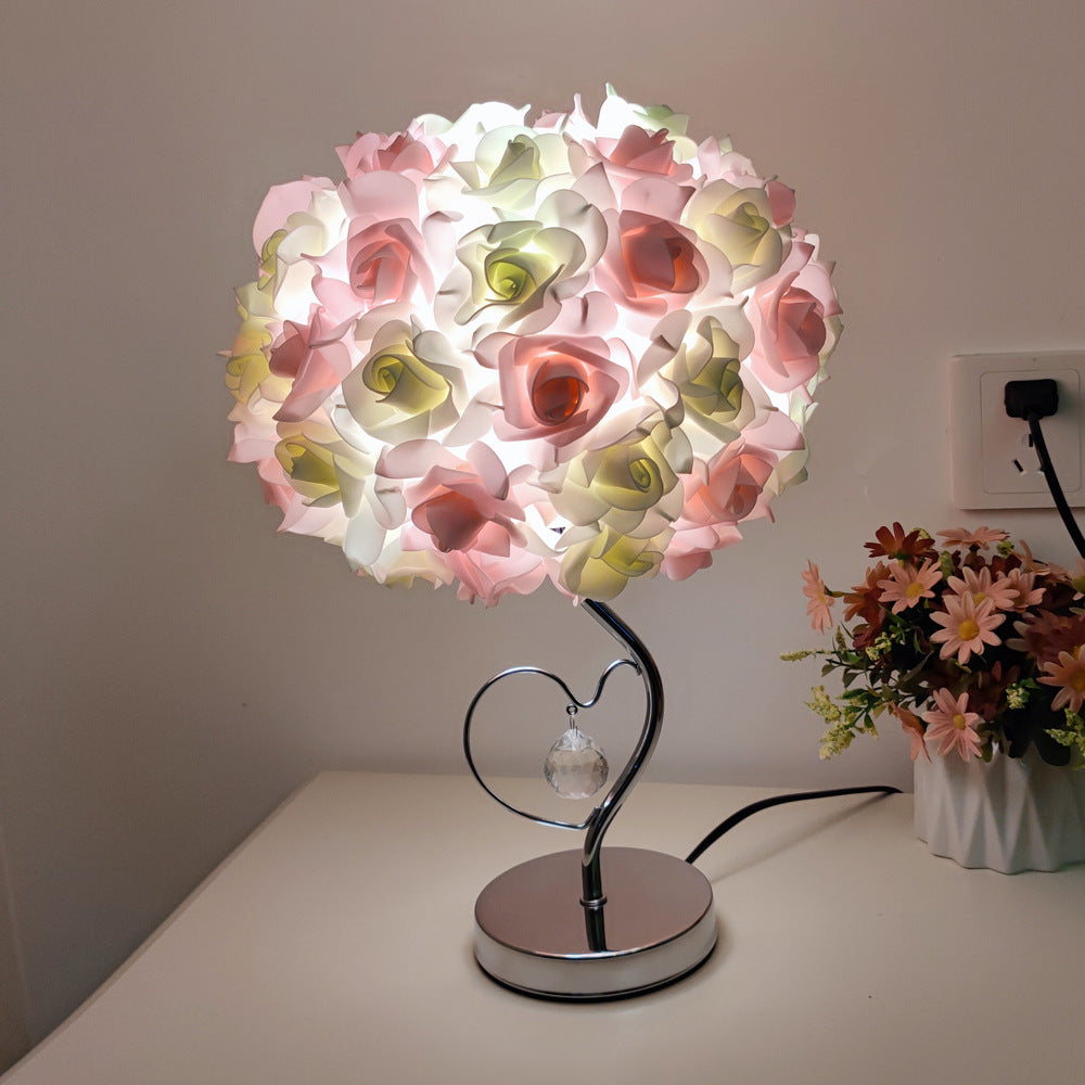 Pink,Yellow Roses And Silver Base Romantic Red Rose Flower Table Lamp - Crystal Heart Accent Bedside Night Light