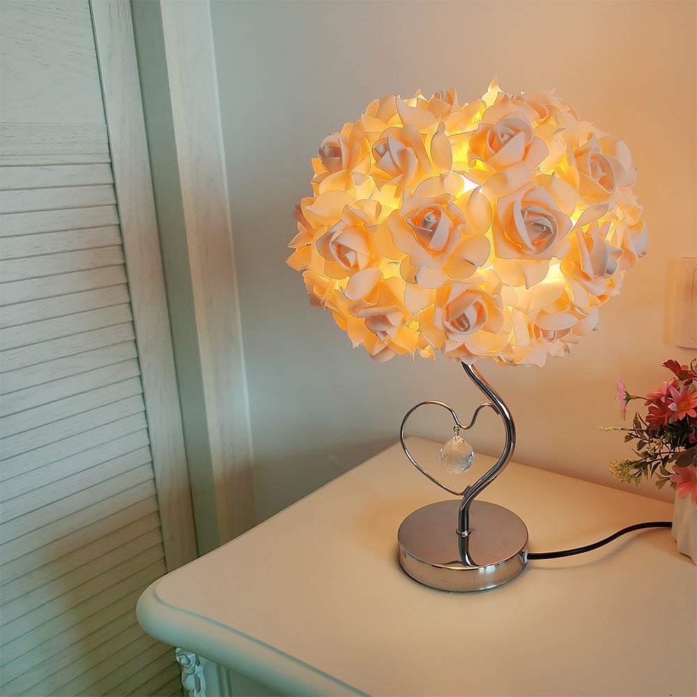 Pink,Yellow Roses And Silver Base Romantic Red Rose Flower Table Lamp - Crystal Heart Accent Bedside Night Light