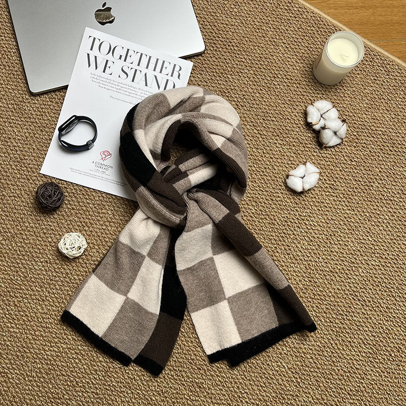 Coffee,Grey And Beige Unisex Retro Checkered Knit Scarf - Soft Thick Winter Shawl Wrap