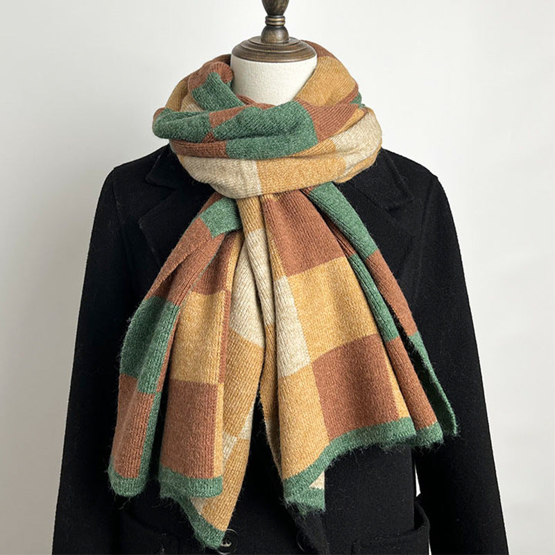 Coffee,Grey And Beige Unisex Retro Checkered Knit Scarf - Soft Thick Winter Shawl Wrap