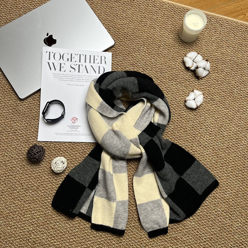 Black,Grey And Beige Unisex Retro Checkered Knit Scarf - Soft Thick Winter Shawl Wrap