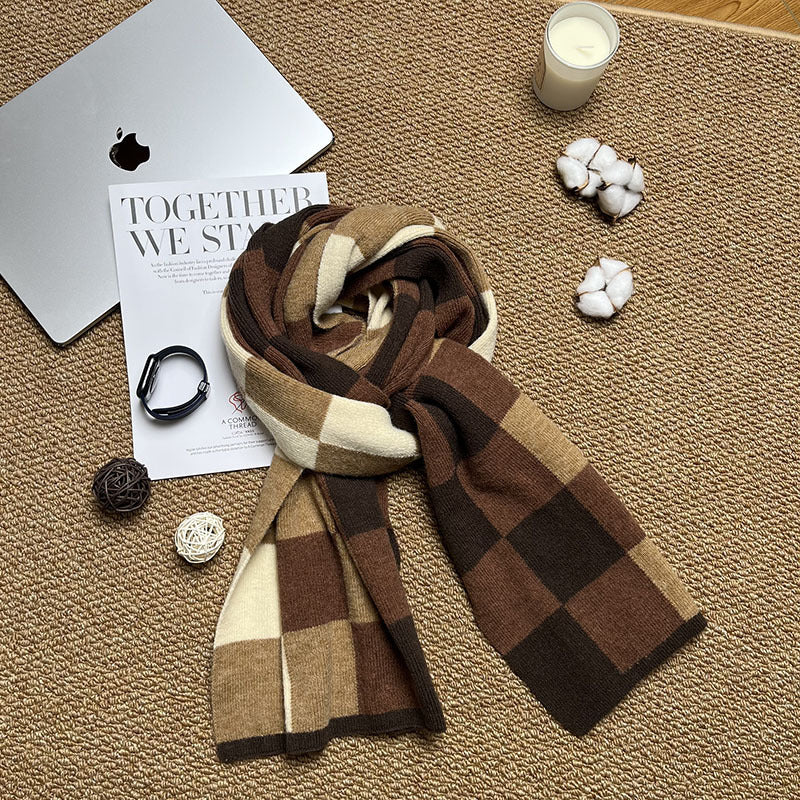 Coffee,Brown And Beige Unisex Retro Checkered Knit Scarf - Soft Thick Winter Shawl Wrap