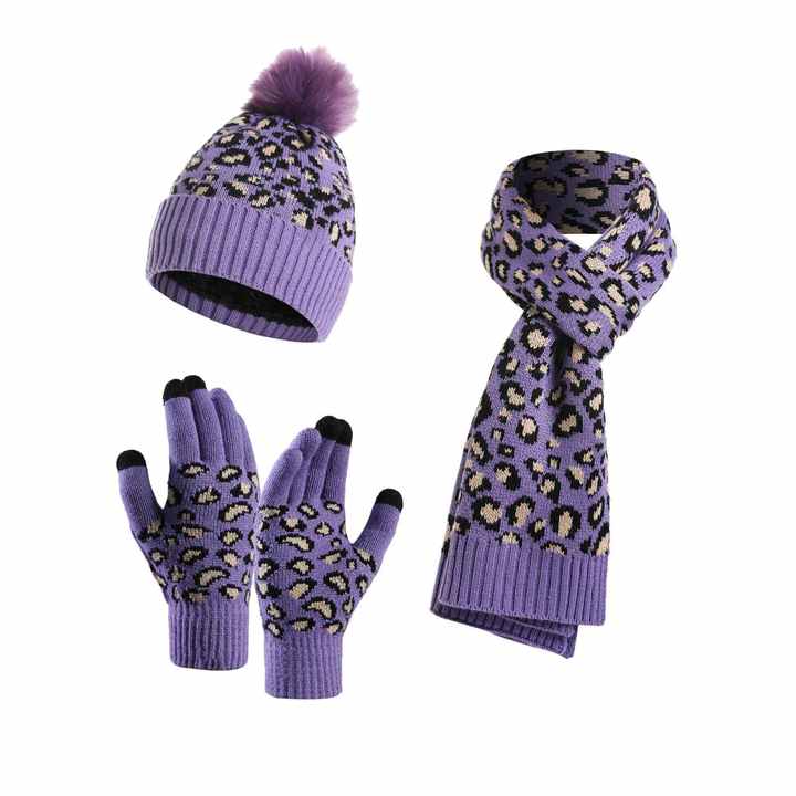 Purple Women's 3-Piece Winter Knit Set - Leopard Print Plush Lined Beanie Hat, Scarf & Touchscreen Gloves