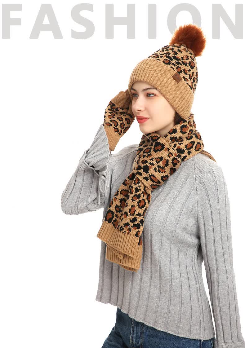 Pink Women's 3-Piece Winter Knit Set - Leopard Print Plush Lined Beanie Hat, Scarf & Touchscreen Gloves