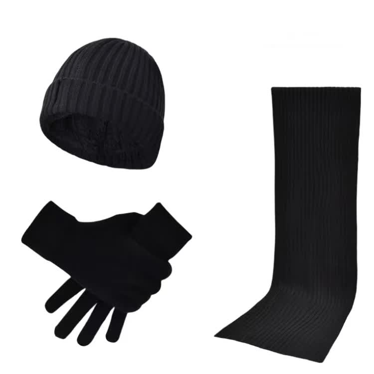 Black Men's 3-Piece Winter Warm Ribbed Knit Beanie Hat Scarf and Gloves Set
