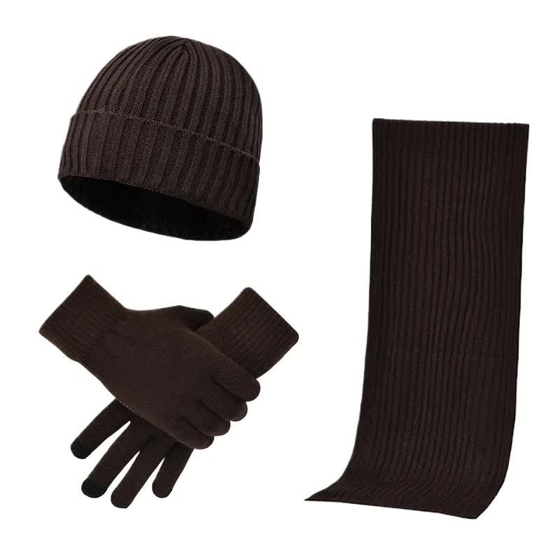Coffee Men's 3-Piece Winter Warm Ribbed Knit Beanie Hat Scarf and Gloves Set