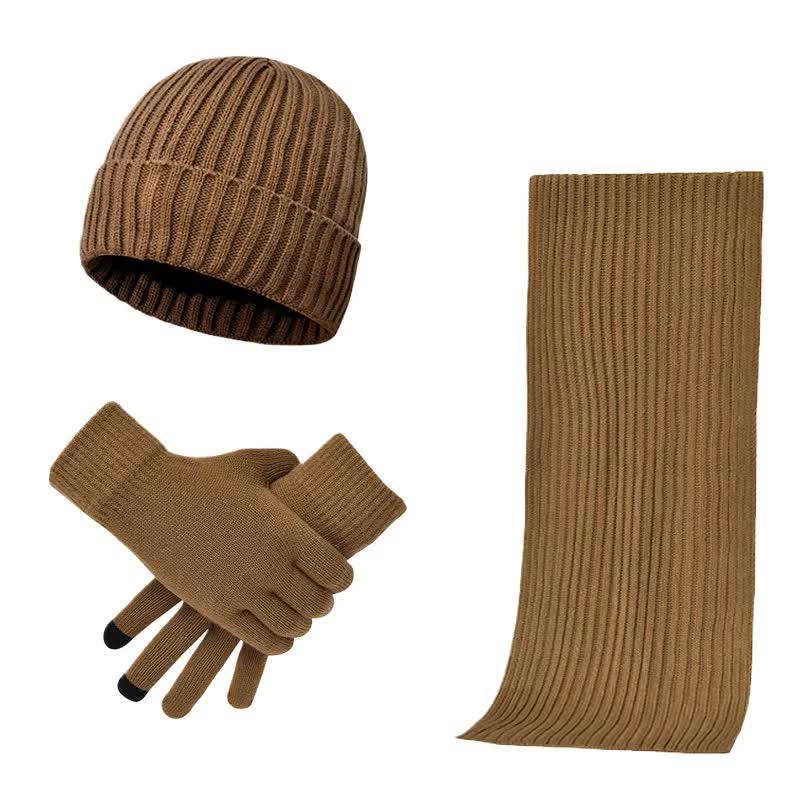 Khaki Men's 3-Piece Winter Warm Ribbed Knit Beanie Hat Scarf and Gloves Set