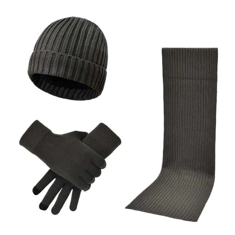 Dark Grey Men's 3-Piece Winter Warm Ribbed Knit Beanie Hat Scarf and Gloves Set