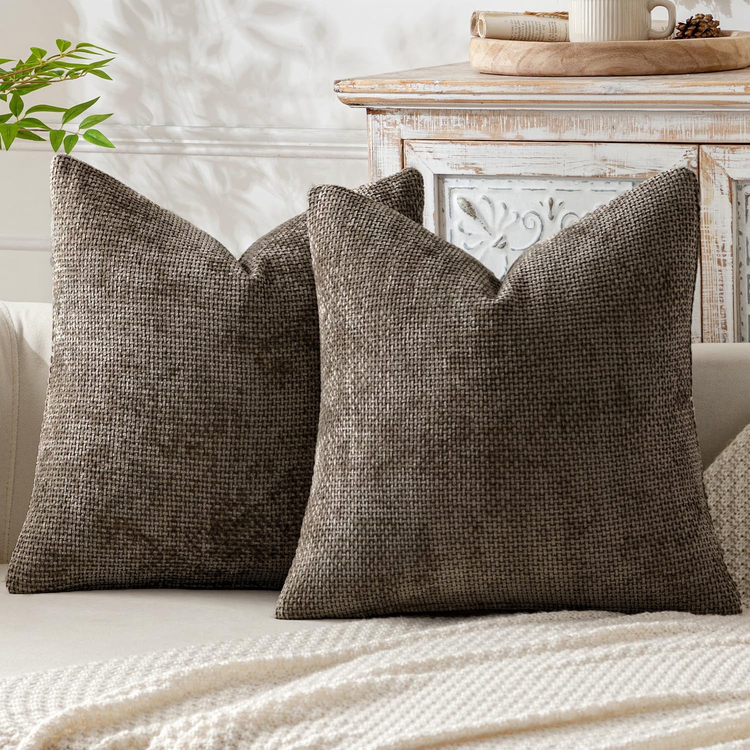 Brown Plush Chenille Cushion Covers Set of 2 - Soft Textured Decorative Throw Pillow Cases for Sofa Couch, 45x45cm