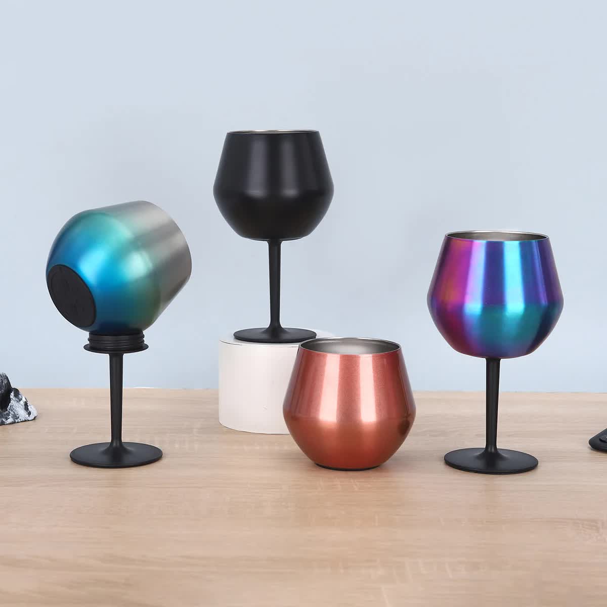 2 Pcs Blue Detachable Stainless Steel Wine Glass - 14oz (420ml) Portable Stemmed Goblet for Outdoors & Travel