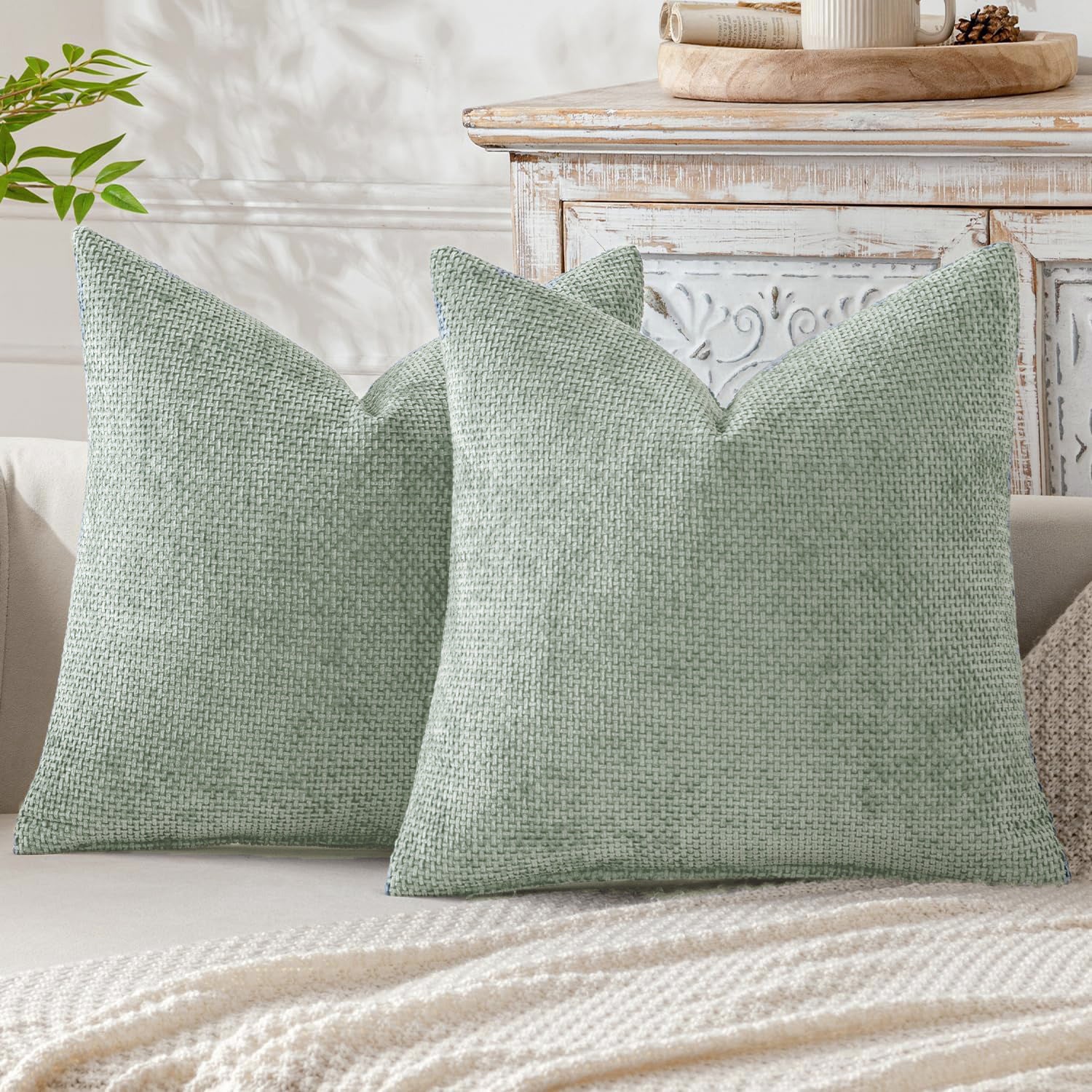 Light Green Plush Chenille Cushion Covers Set of 2 - Soft Textured Decorative Throw Pillow Cases for Sofa Couch, 45x45cm