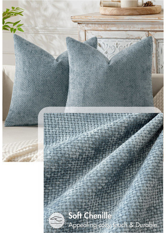 Light Green Plush Chenille Cushion Covers Set of 2 - Soft Textured Decorative Throw Pillow Cases for Sofa Couch, 45x45cm