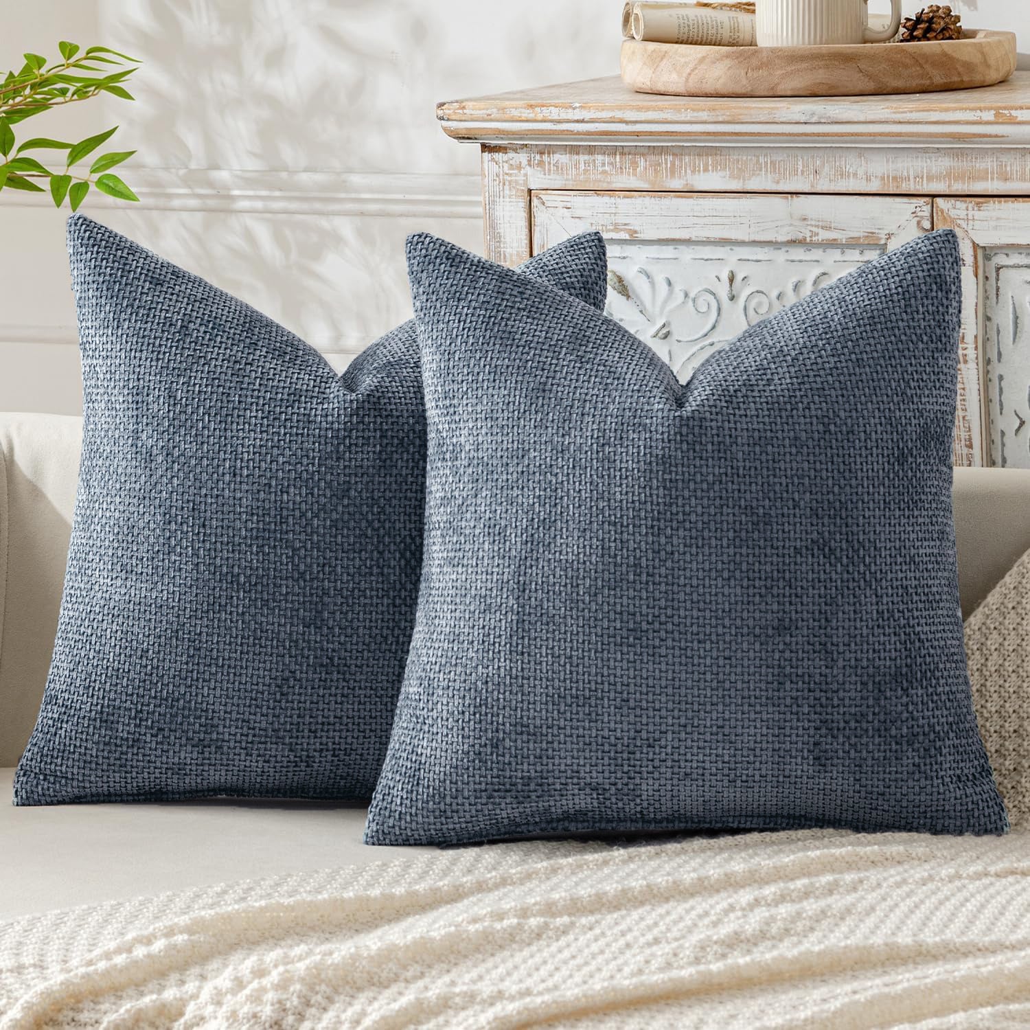 Light Blue Plush Chenille Cushion Covers Set of 2 - Soft Textured Decorative Throw Pillow Cases for Sofa Couch, 45x45cm