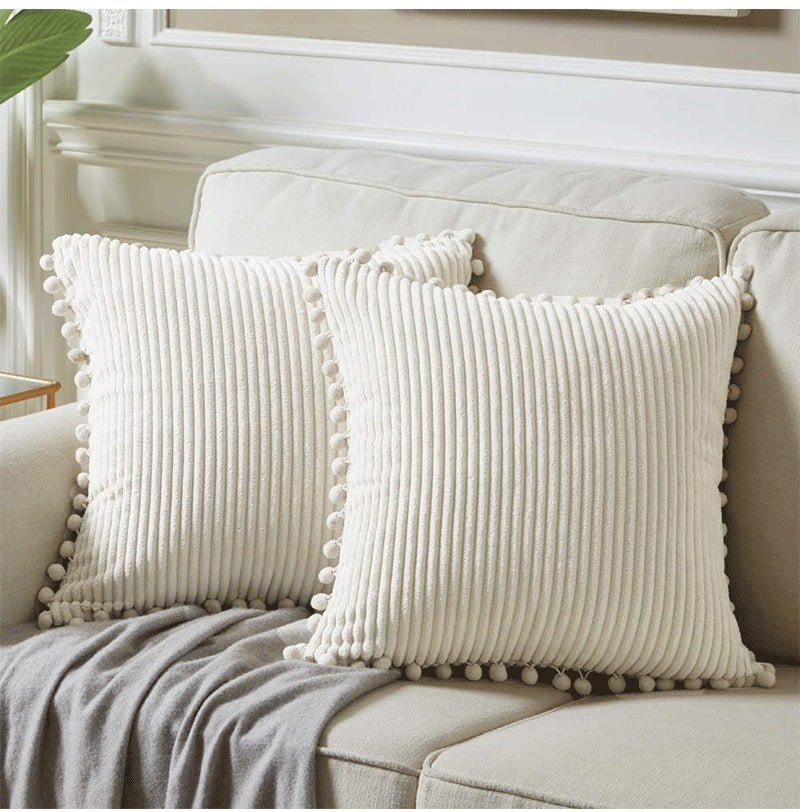 Red Soft Corduroy Cushion Cover Set (1 Square + 1 Rectangular) with Pom Pom Trim - Decorative Throw Pillow Cases for Sofa Couch