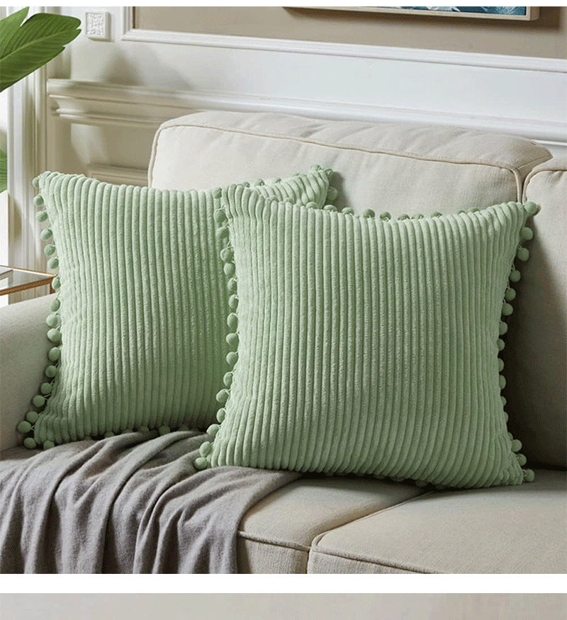 Light Green Soft Corduroy Cushion Covers with Pom Pom Trim - Set of 2 Decorative Throw Pillow Cases for Sofa Couch Bed, 45x45cm