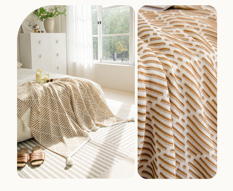 Pink and Beige Diamond Pattern Soft Cozy Knit Throw Blanket with Tassels - Geometric Pattern Lightweight Acrylic Blanket for Sofa Couch Bed, 130x150cm