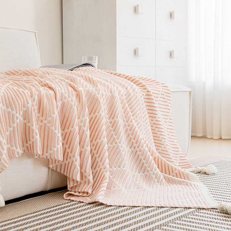 Orange and Beige Diamond Pattern Soft Cozy Knit Throw Blanket with Tassels - Geometric Pattern Lightweight Acrylic Blanket for Sofa Couch Bed, 130x150cm
