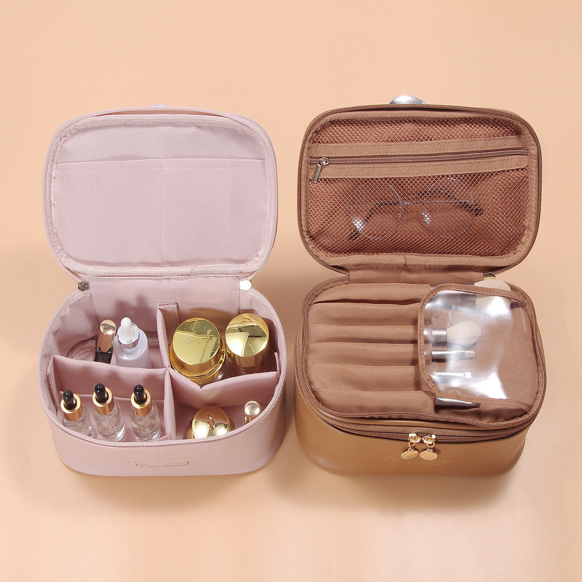 Beige Stylish PU Leather Makeup Bag - Large Capacity Double Layer Waterproof Travel Cosmetic Organizer Case for Women