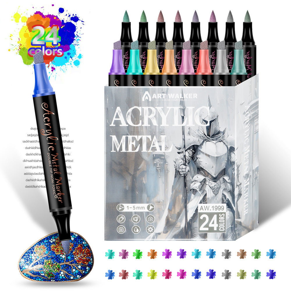 Colorful 24 Colors Dual Tip Metallic Acrylic Paint Pens - Fine Point & Chisel Tip Art Markers for Rock Painting, Crafts, Card Making, Glass