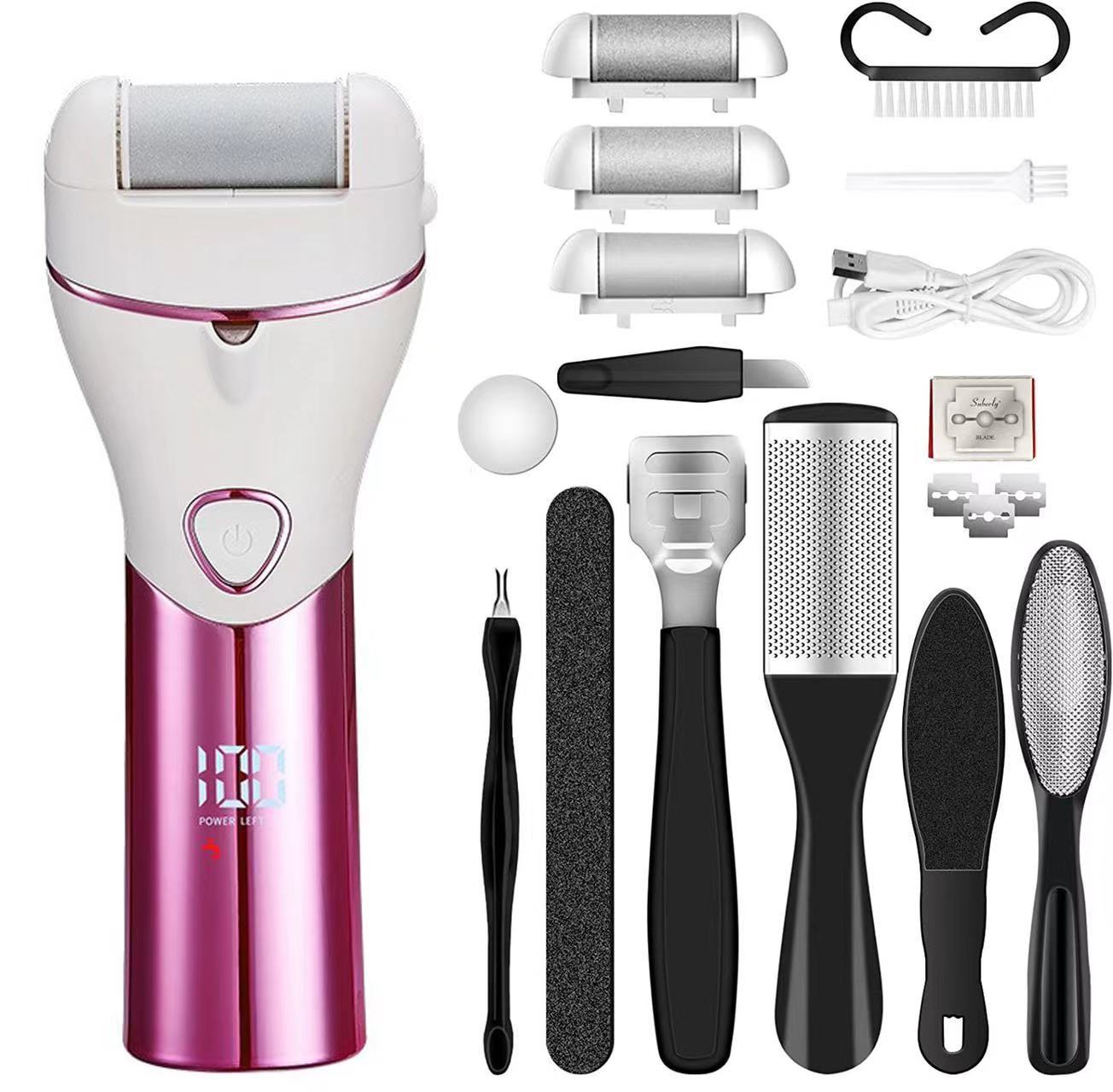 Pink And White Rechargeable Electric Foot File Callus Remover Kit - 10pc Pedicure Set with LED Display for Smooth Feet