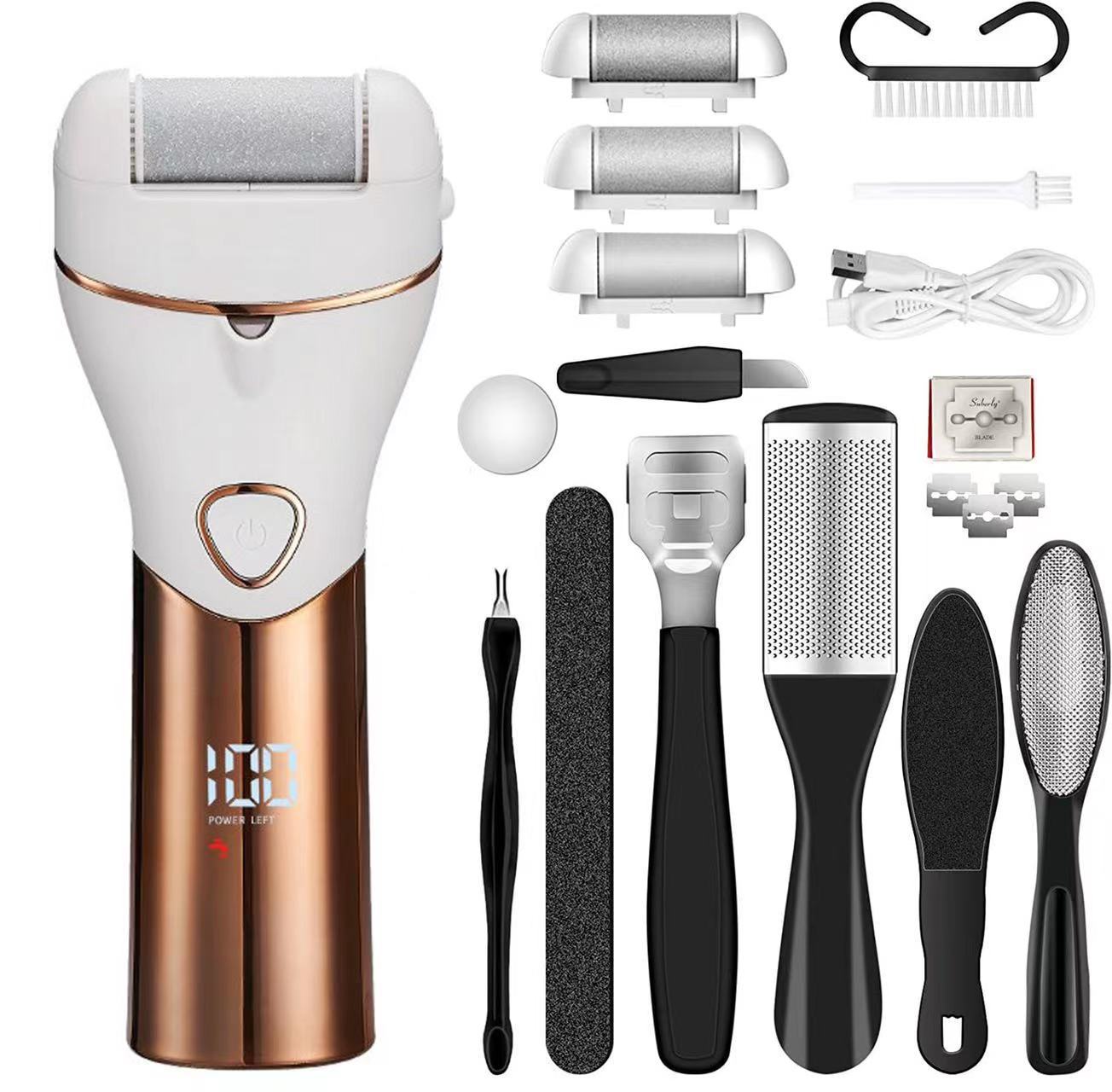 Gold And White Rechargeable Electric Foot File Callus Remover Kit - 10pc Pedicure Set with LED Display for Smooth Feet