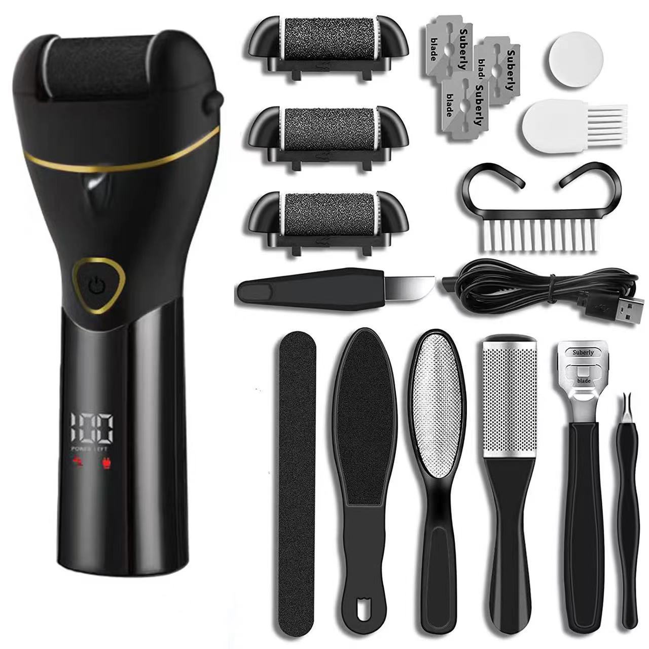Black Rechargeable Electric Foot File Callus Remover Kit - 10pc Pedicure Set with LED Display for Smooth Feet