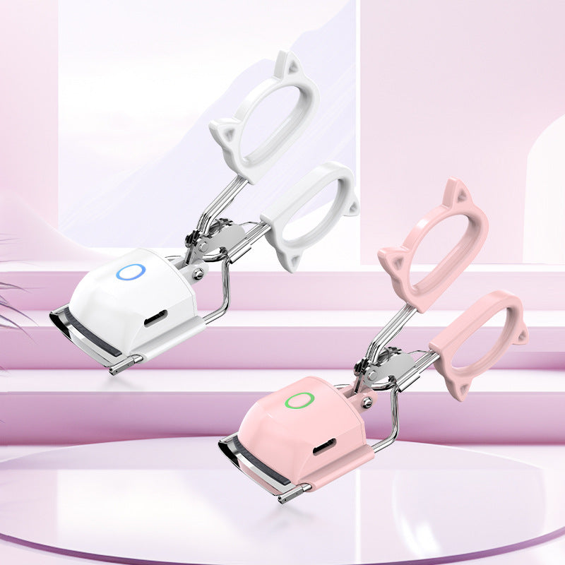 Pink USB-C Rechargeable Heated Eyelash Curler - Gentle Long-Lasting Lift with 2 Temperature Modes & Cute Cat Ear Design