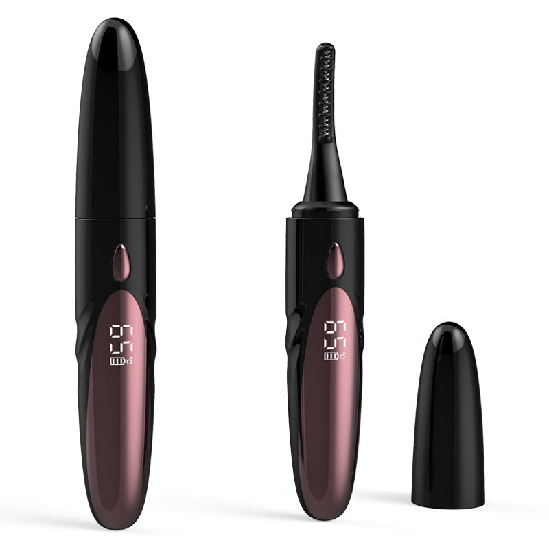 Black And Brown Pen-Style Electric Heated Eyelash Curler - 4 Temps, LED Display, USB-C Fast Charge, Anti-Scald Comb