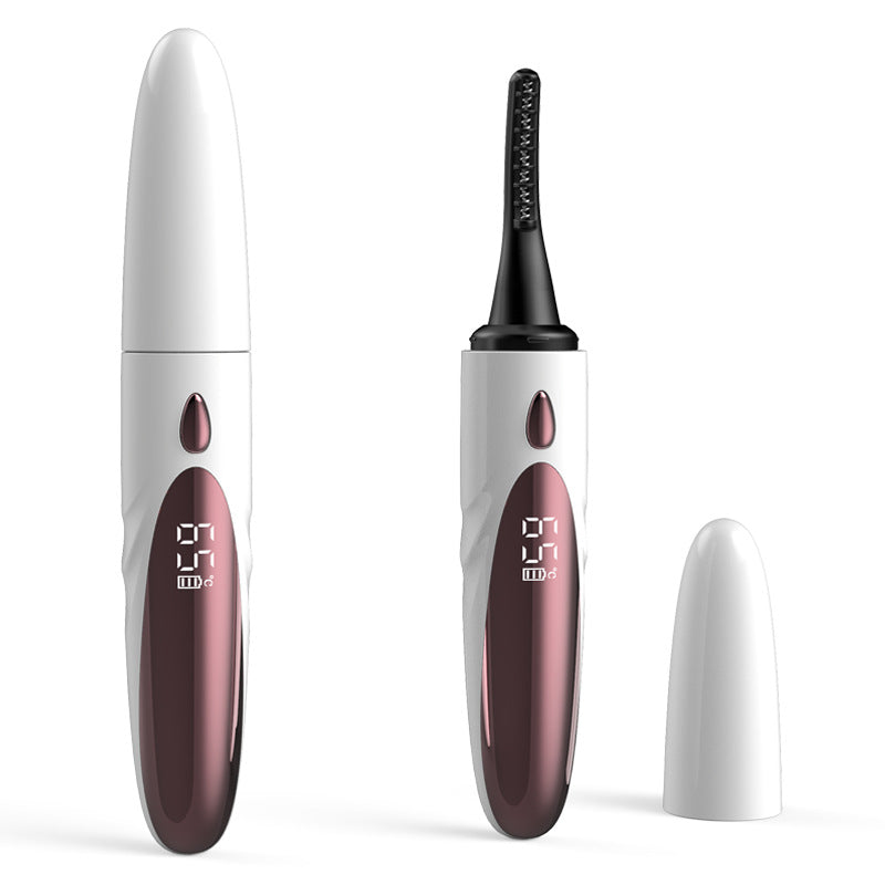 White And Brown Pen-Style Electric Heated Eyelash Curler - 4 Temps, LED Display, USB-C Fast Charge, Anti-Scald Comb
