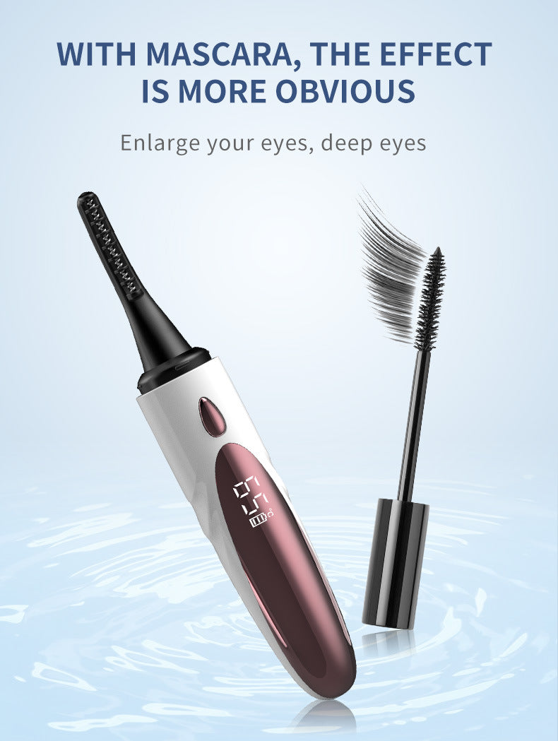 White And Brown Pen-Style Electric Heated Eyelash Curler - 4 Temps, LED Display, USB-C Fast Charge, Anti-Scald Comb