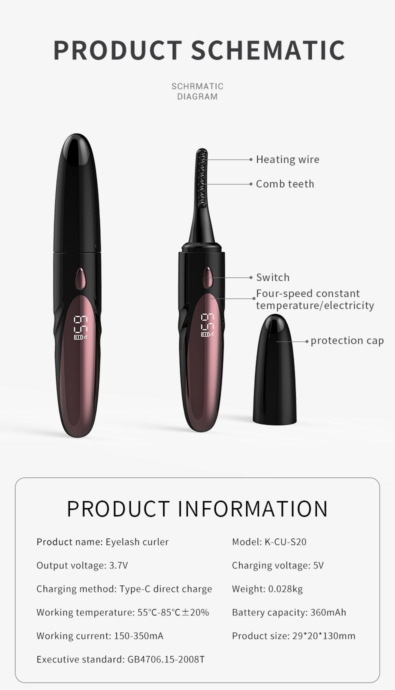 White And Brown Pen-Style Electric Heated Eyelash Curler - 4 Temps, LED Display, USB-C Fast Charge, Anti-Scald Comb