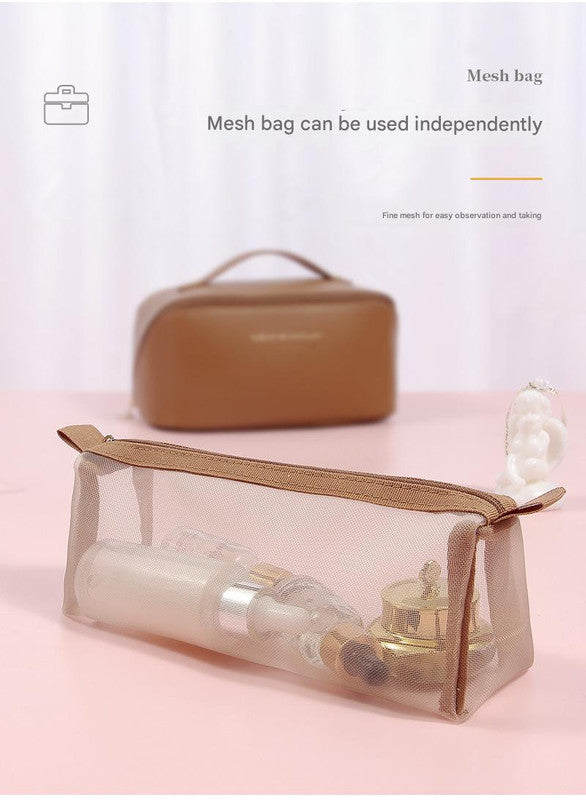 Black Elegant PU Leather Makeup Bag & Toiletry Organizer with Detachable Mesh Pouch - Large Capacity Travel Cosmetic Case