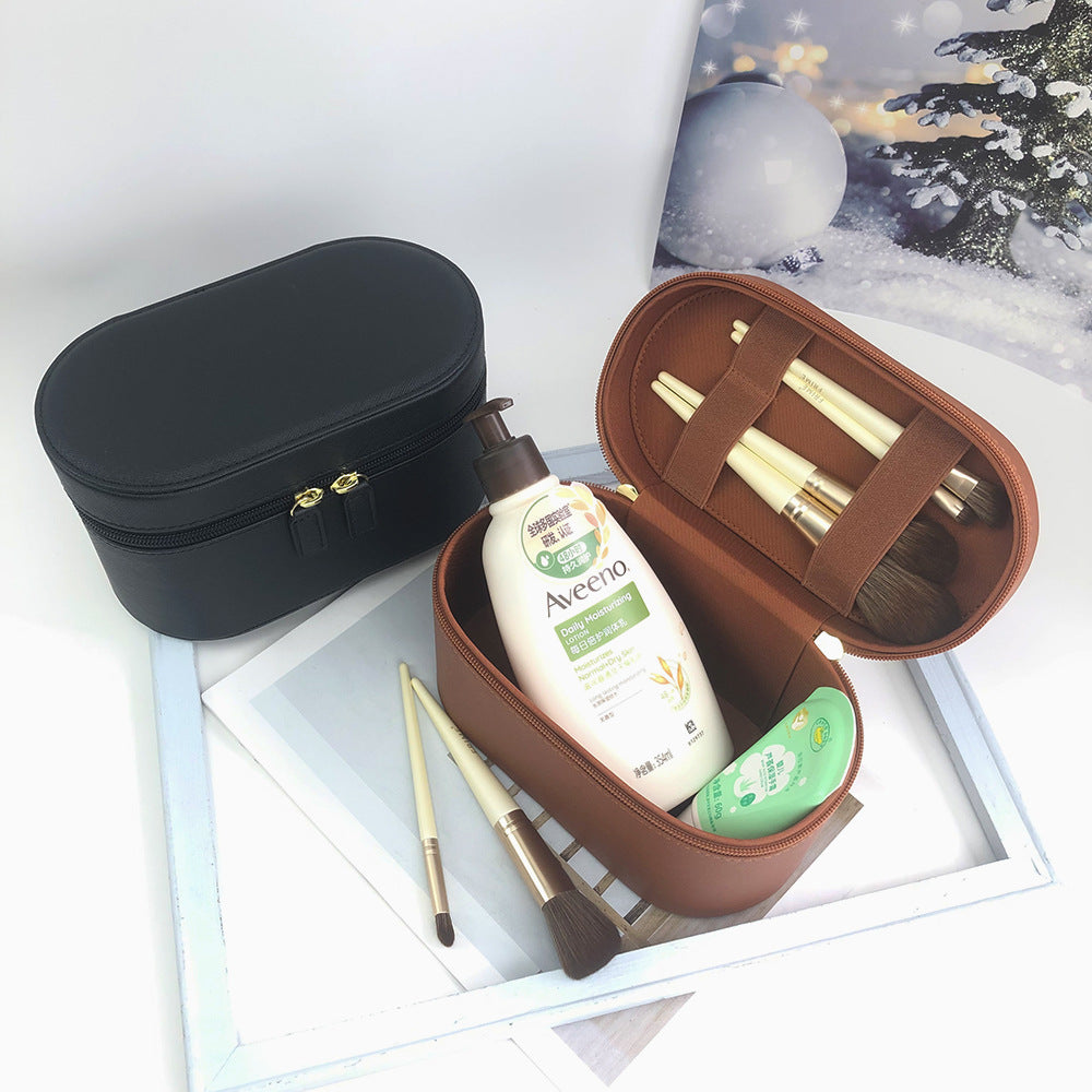 Beige Elegant PU Leather Makeup & Toiletry Bag - Large Capacity Travel Cosmetic Organizer with Brush Holder