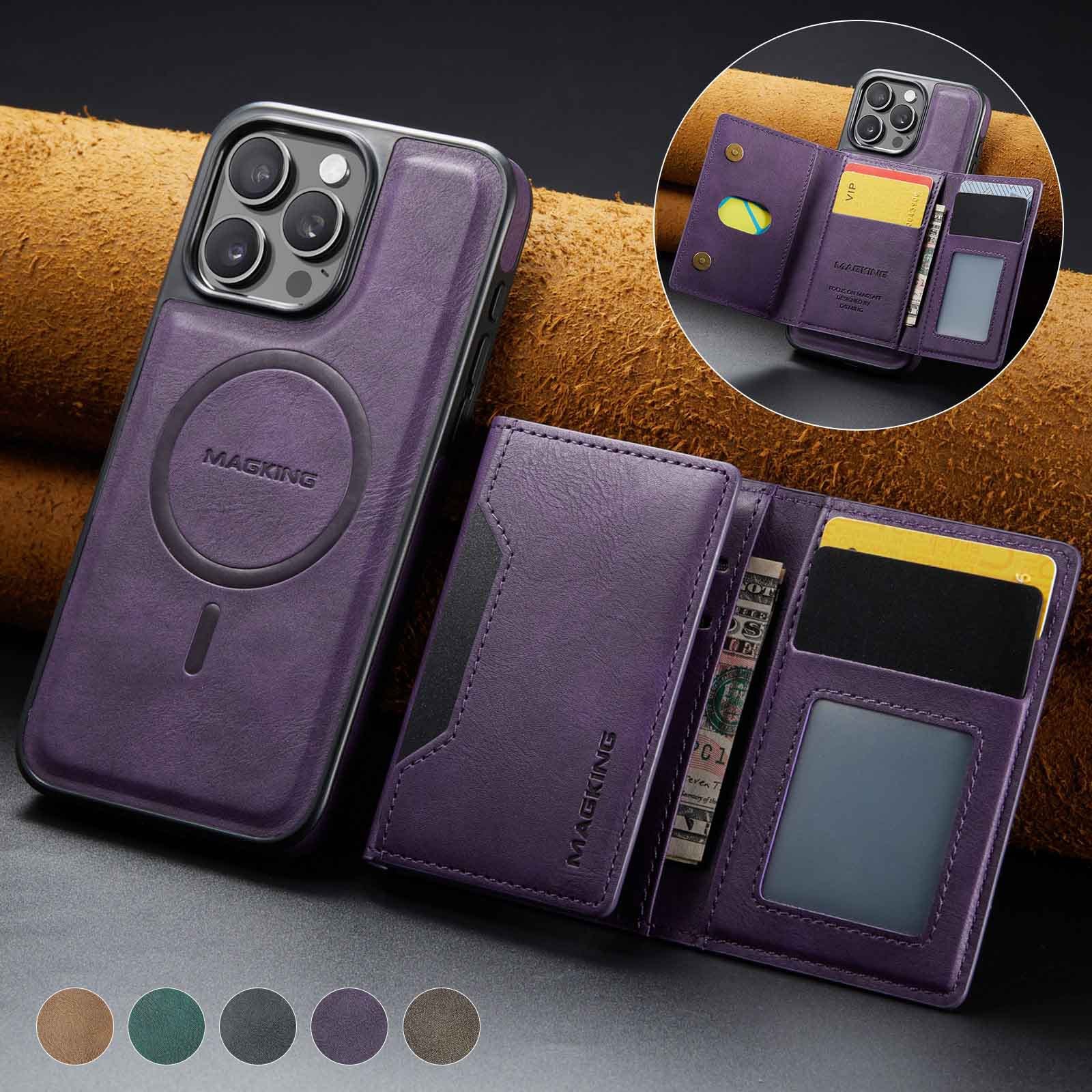 Purple Premium MagSafe Wallet Case for iPhone 16 Pro Max - Detachable PU Leather Magnetic Card Holder