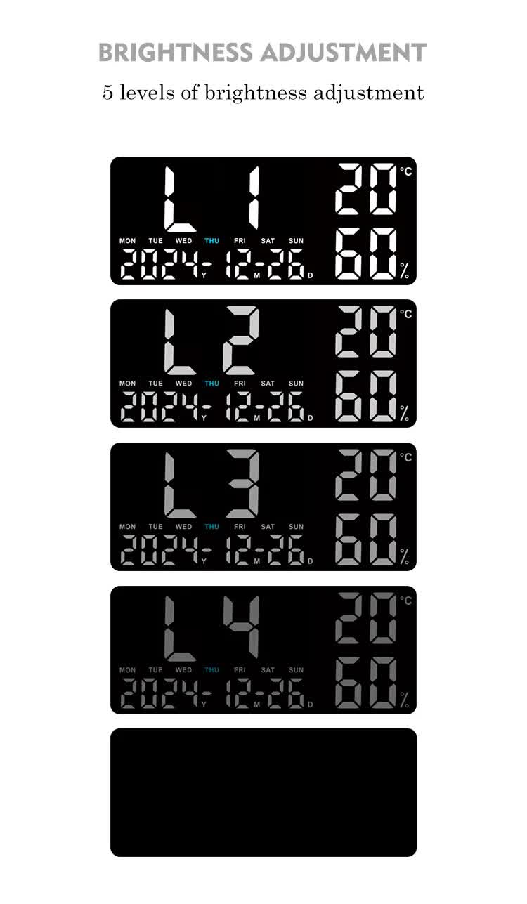 Black Background With White Light Sleek Large LED Digital Wall & Desk Clock - Remote Control, Temperature, Humidity, Dual Alarms, Calendar