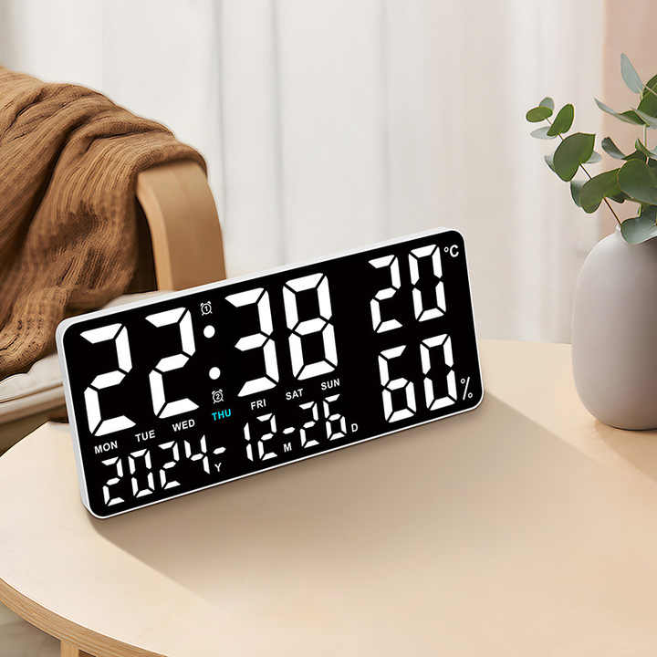 Black Background With Blue,Green and White Light Sleek Large LED Digital Wall & Desk Clock - Remote Control, Temperature, Humidity, Dual Alarms, Calendar