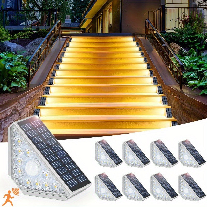 2 Pcs White Bright 14-LED Solar Powered Step Lights - Automatic Outdoor Waterproof Illumination for Stairs, Deck, Pathway & Garden (Warm White)