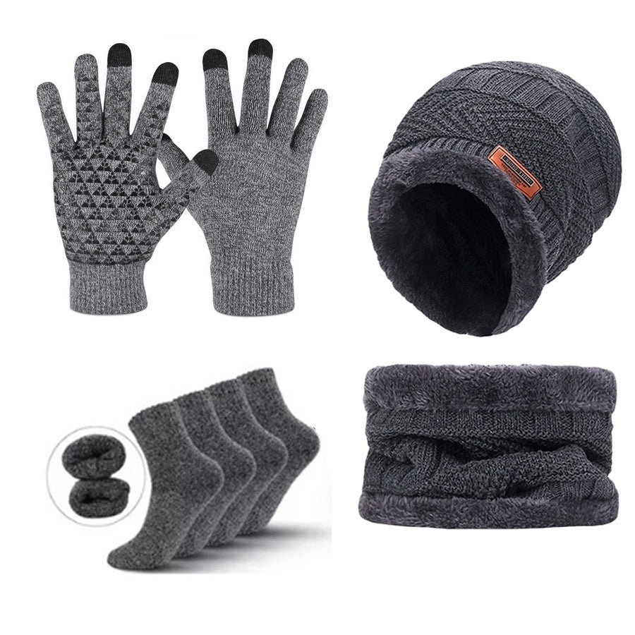Grey Men's 5-Piece Winter Essentials Set - Lined Beanie Hat, Neck Warmer, Touchscreen Gloves & 2 Pairs Thermal Socks