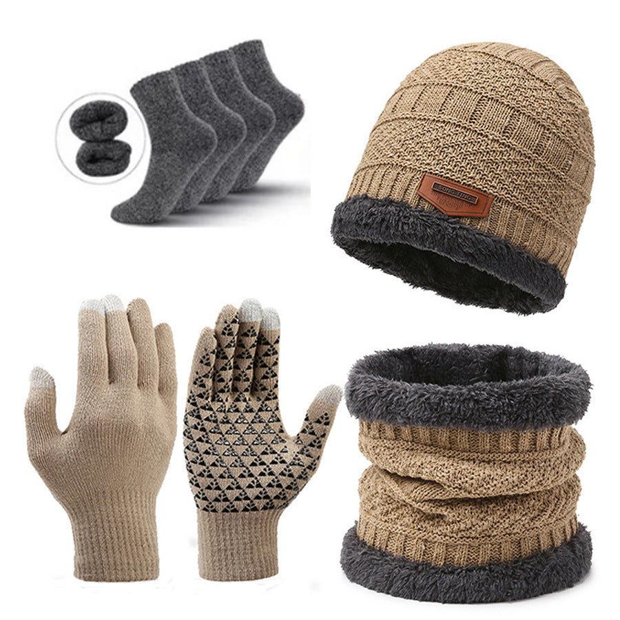 Khaki Men's 5-Piece Winter Essentials Set - Lined Beanie Hat, Neck Warmer, Touchscreen Gloves & 2 Pairs Thermal Socks