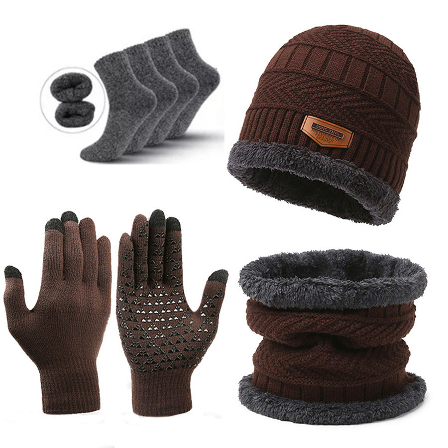Brown Men's 5-Piece Winter Essentials Set - Lined Beanie Hat, Neck Warmer, Touchscreen Gloves & 2 Pairs Thermal Socks