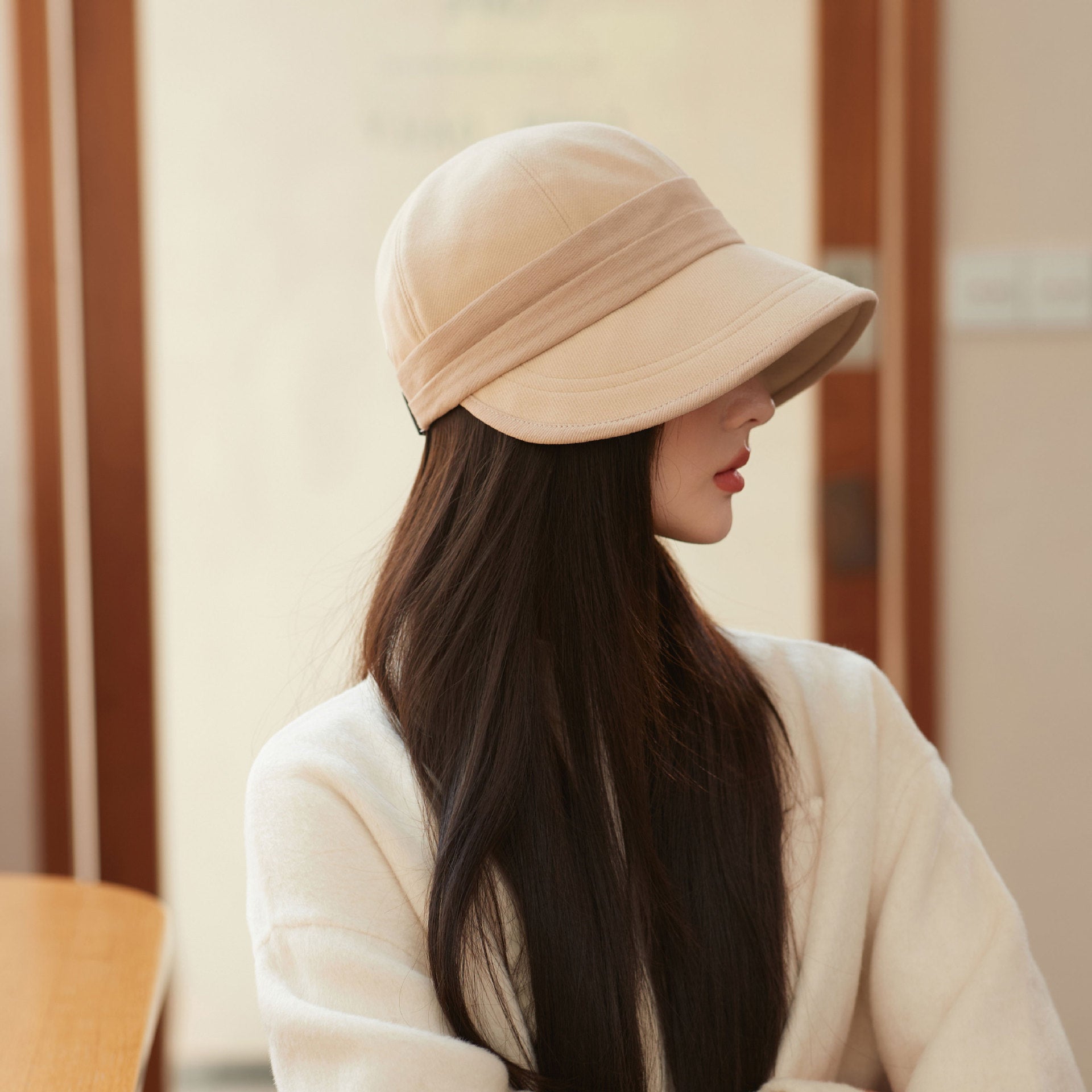 Beige Elegant Warm Bucket Hat - Minimalist Color Block Design, Face-Slimming Style for Autumn & Winter