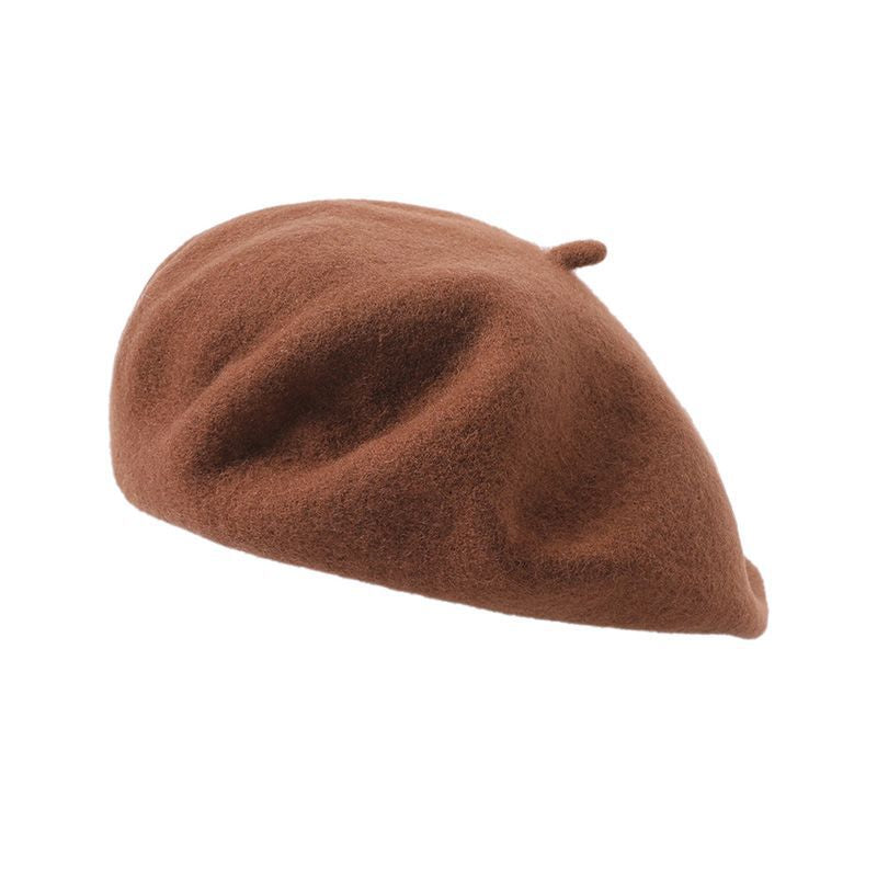 Brown Elegant Wool Beret - Classic Warm Thick British Style Hat for Autumn & Winter
