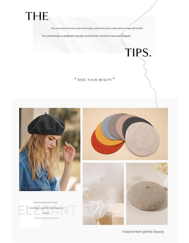 Brown Elegant Wool Beret - Classic Warm Thick British Style Hat for Autumn & Winter