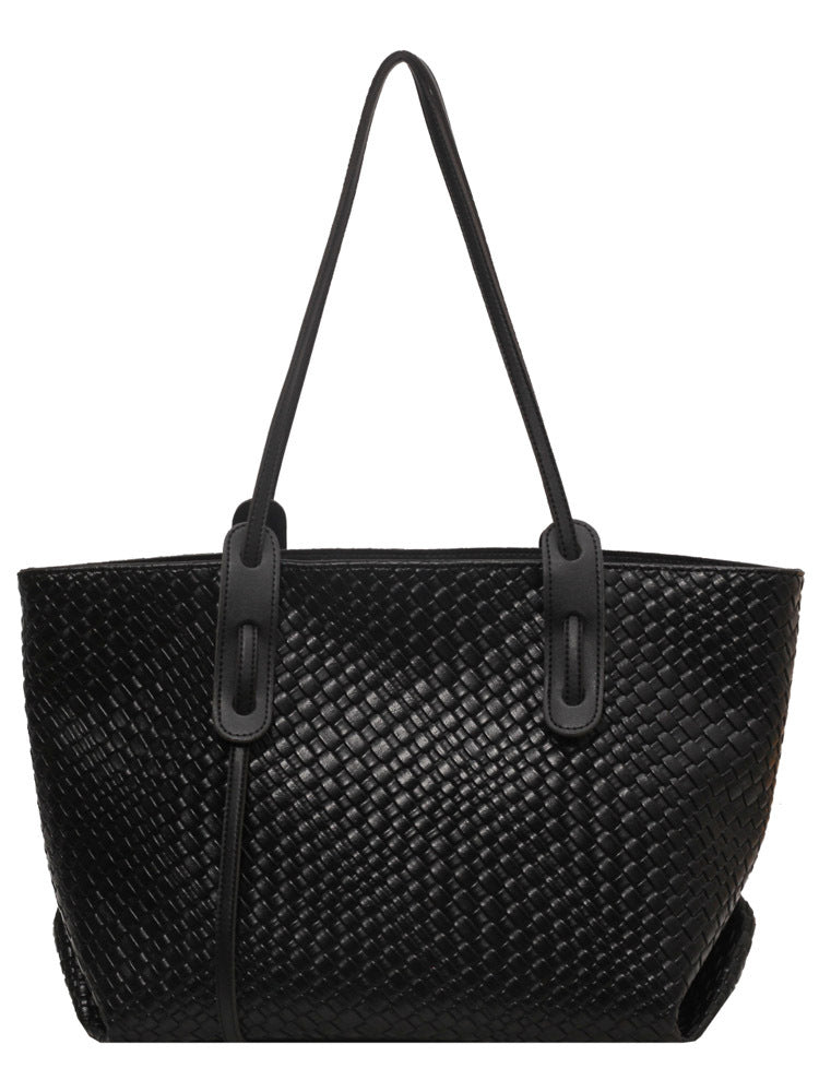 Black Chic Woven PU Leather Tote Bag - Large Capacity Casual Shoulder & Handbag for Women